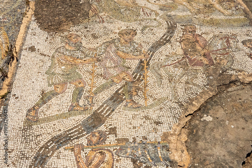 Mosaic of people on the floor of a Roman villa, at Bulla Regia, outside of Jendouba, Tunisia