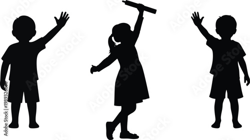 Waving children silhouette boy and girl
