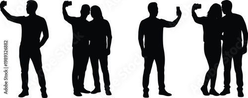 Silhouettes of people taking selfies and group photos in various poses Vector