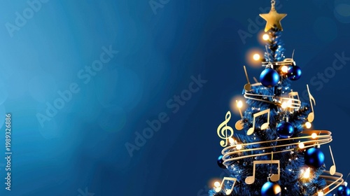 Elegant Blue Christmas Tree Decorated with Musical Notes and Ornaments against a Soft Blue Background