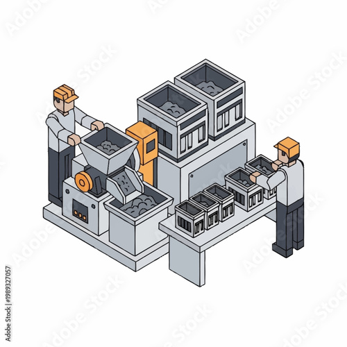 Industrial factory workers operating machinery for production.