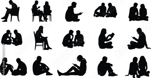 Diverse silhouettes of people engaging in various forms of conversation and interaction Vector