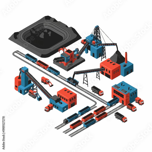 Industrial mining complex with trains and trucks illustration.