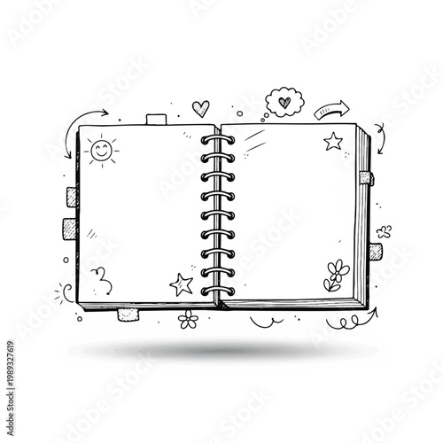 Open spiral notebook illustration with whimsical doodles and decorative sketches around.