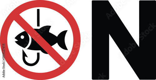 No fishing sign accompanied by a large letter n symbol Vector