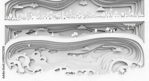 Elegant layered white paper art illustration featuring modern cityscapes, majestic mountain ranges, and serene natural riverscapes