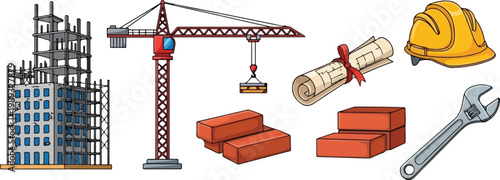 Construction site elements tower crane hard hat bricks and tools