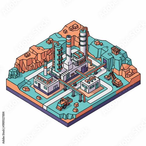Isometric industrial factory complex with pipelines and vehicles.
