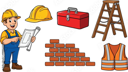 Construction worker tools and safety equipment illustration