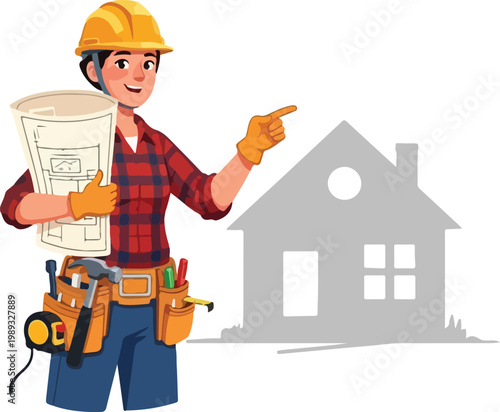 Cartoon builder character with tools and house blueprint illustration