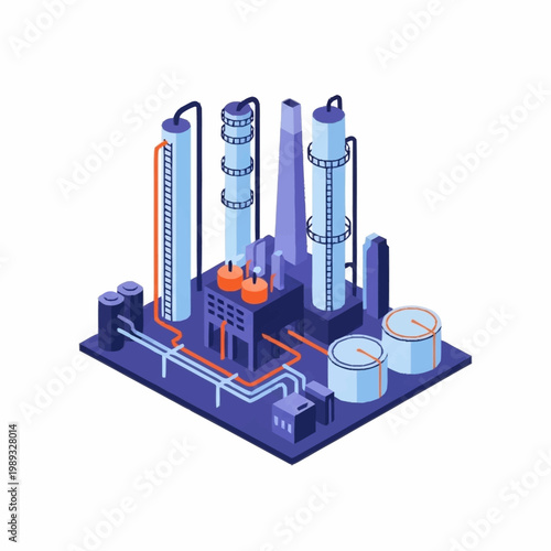 Modern industrial chemical processing plant isometric illustration.