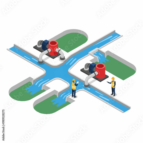 Water pump station infrastructure with engineers overseeing flow.