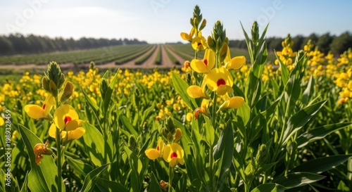 yellow flowers field, green leaves, sunny day