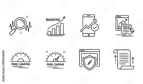 SEO animated line icons set with search ranking analytics keyword backlink sitemap motion graphics loop with alpha