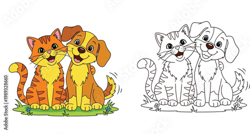 Cute Cartoon Cat and Dog Sitting on Grass Illustration with Coloring Book Page Version for Kids - Pet Friendship and Animal Characters Vector Design