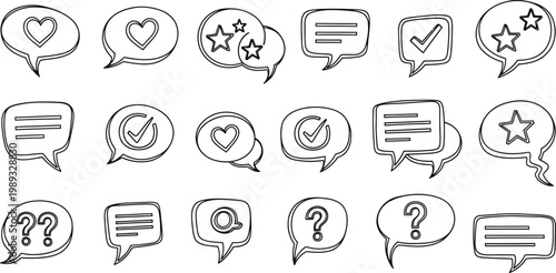 Doodle style speech bubbles and thought balloons with various icons and question marks