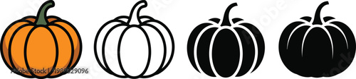 Four pumpkins with varying levels of color shading and detail in a row. Vector
