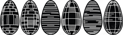 Abstract black and white pattern six elongated shapes with internal geometric designs