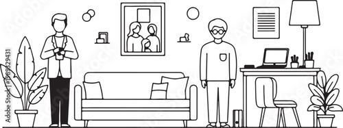 Stylish minimalist line art illustration of a modern home interior, blending comfortable living spaces with a dedicated work-from-home office setup, featuring two people enjoying their daily routines