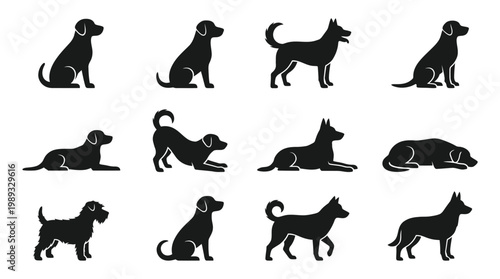 Black silhouette collection of diverse dog breeds in various poses