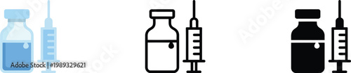 Medical syringe and vaccine bottle illustration isolated on background flat line and glyph style.