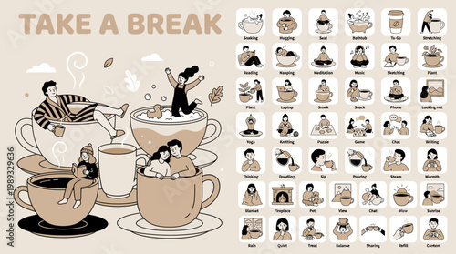 Take a Break: Cozy cafe illustration of friends enjoying coffee and tea around oversized mugs in warm tones
