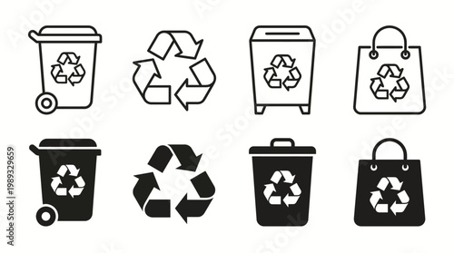 Recycling and waste management icons a collection of black and white symbols