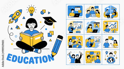 Education concept collage featuring a student reading a book, lightbulb ideas, and classroom scenes with diverse learners