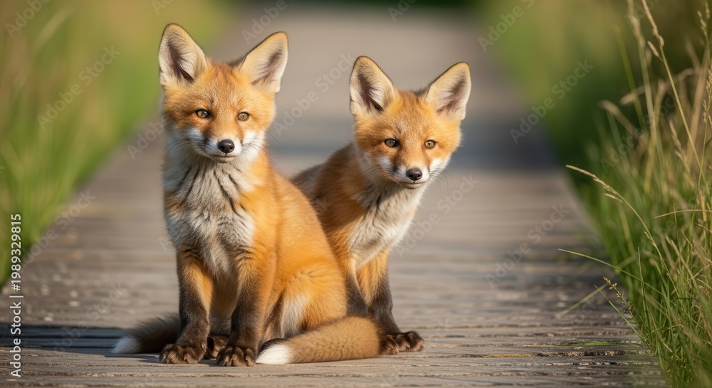 Obraz premium Two adorable red fox kits sitting on a path in a grassy field