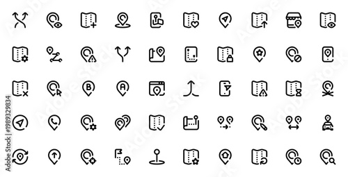 Location icon set. Vector map and navigation icons. Includes symbols for GPS, pin, route, smartphone, upload, settings, edit, favorite, distance and more. Editable stroke.