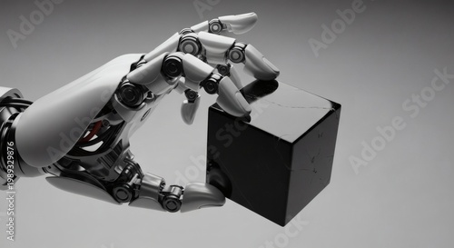 Robotic hand holding shiny black cube concept
