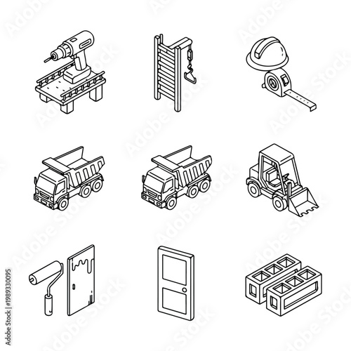 This is a collection of nine isometric line art icons depicting various construction tools, vehicles, and building materials in a simple style.