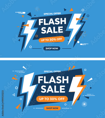 A promotional graphic design featuring two identical flash sale banners with lightning bolts and special offer text on a blue background.