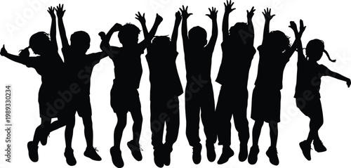 Black silhouette of diverse children jumping with arms raised