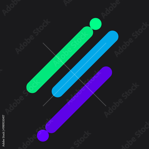 Abstract diagonal geometric logo featuring neon green blue and purple rounded bars on black background