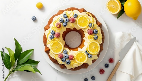 Lemon Bundt Cake with Glaze and Fresh Berries on White Marble
