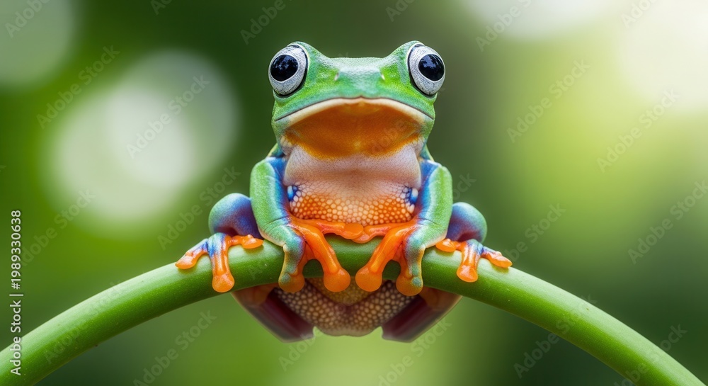 Obraz premium Vibrant green frog perched on leafy branch in forest