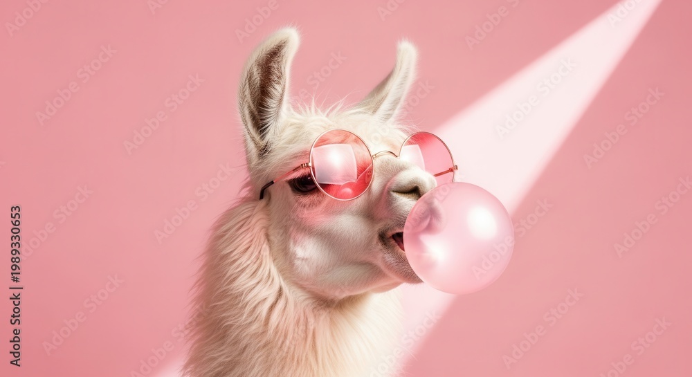 Obraz premium funny llama wearing sunglasses blowing pink bubblegum bubble