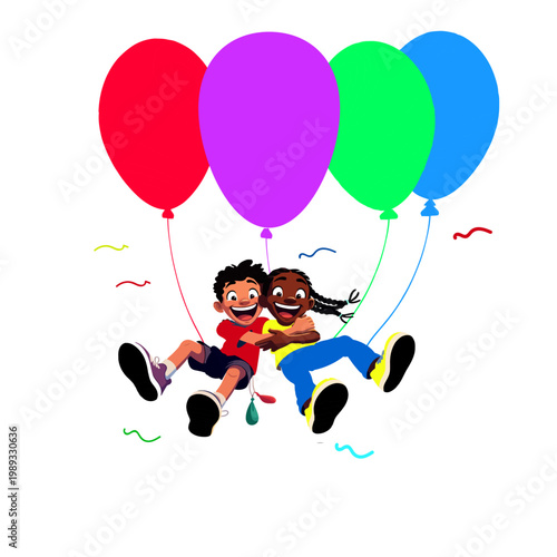 Two eccentric adult men joyfully landing with vibrant rainbow balloons surreal whimsical adventure, vector and PNG