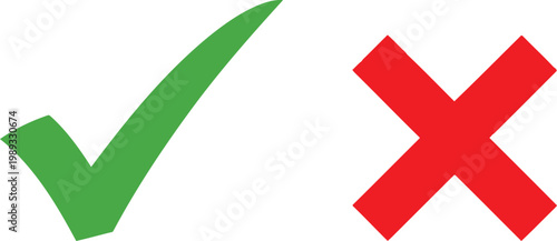 A green check mark and a red cross sign isolated on a clean and simple plain white background. Vector