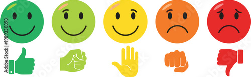Set of Colorful Emoticons and Hand Gestures Including Thumbs Up, Thumbs Down, and More for Expression, Feedback, and Communication Design Projects