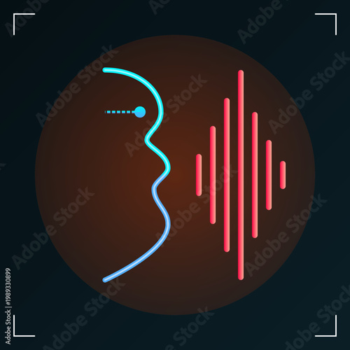 Artificial intelligence voice recognition technology featuring digital human profile and red sound wave frequency patterns.