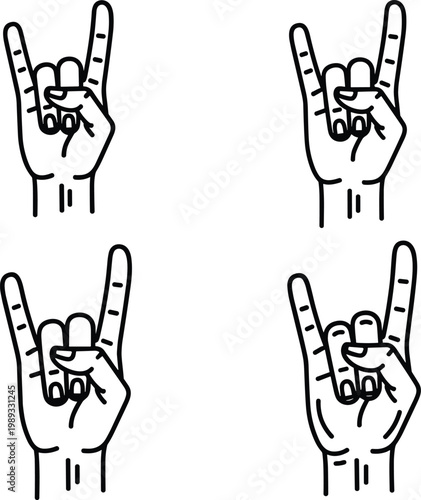 Rock On Hand Gesture Icon Set Featuring Horns Symbol for Music, Concert, and Rock Culture Designs
