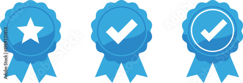 Set of blue award ribbons with star and checkmark symbols for recognition and success.