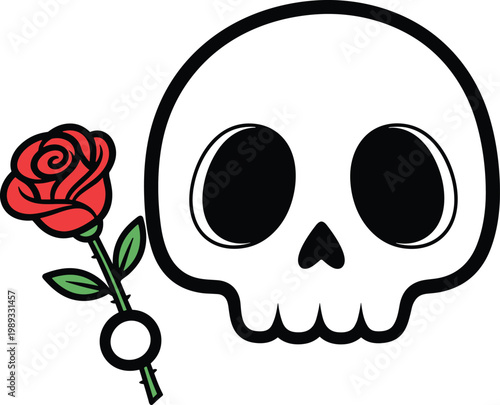 Skull and Rose Illustration in Bold Lines for Halloween, Gothic, and Tattoo Design Projects