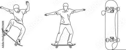 Set of Skateboarder Vector Illustrations in Action with Different Poses and Skateboard for Use in Sports, Urban, and Active Lifestyle Designs