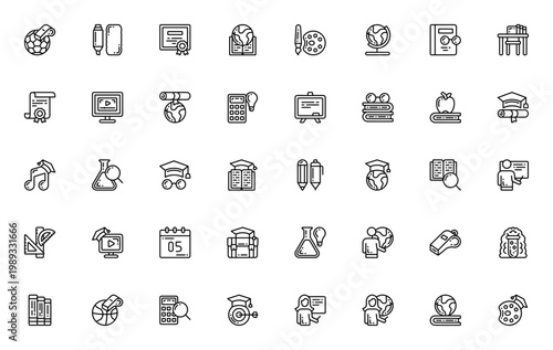Education icon set. Vector illustration pack featuring symbols for school, learning, teaching, study, and supplies like football, calculator, book, globe, and more.