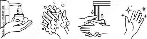 Hand Washing Icon Set Featuring Soap, Foam, and Hygiene for Health, Cleanliness, and Safety Designs