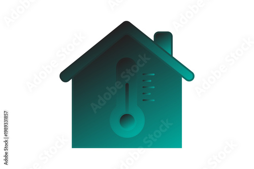 The image features a minimalist, 3D-rendered icon of a house with a chimney, set against a plain white background.
