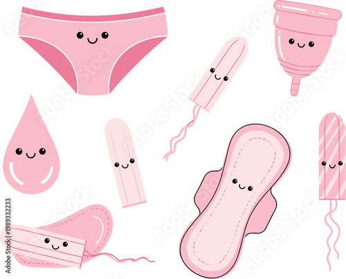 Cute Feminine Hygiene Icon Set Featuring Period Products with Kawaii Faces for Health, Wellness, and Personal Care Designs